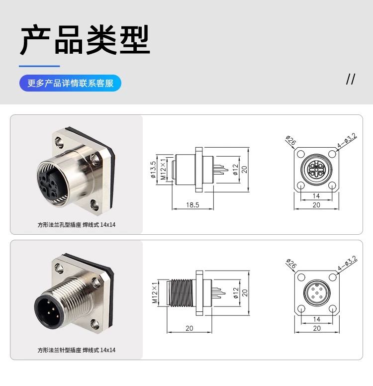 M12 方形 法兰座 （2P-12P）